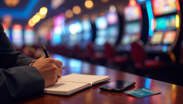 A person sitting in a casino and making a checklist before playing slots